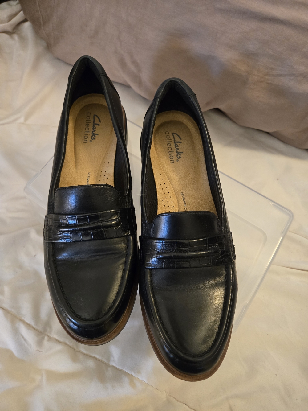 Clarks Black Leather Croc-Trim Penny Loafers